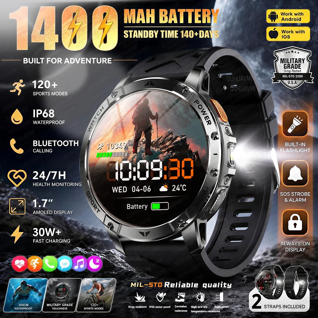 2026 New TANK 1400mAh Battery Smart Watch Men IP69 Waterproof Heart Rate LED Flashlight Bluetooth Call Sport Outdoor Smartwatch