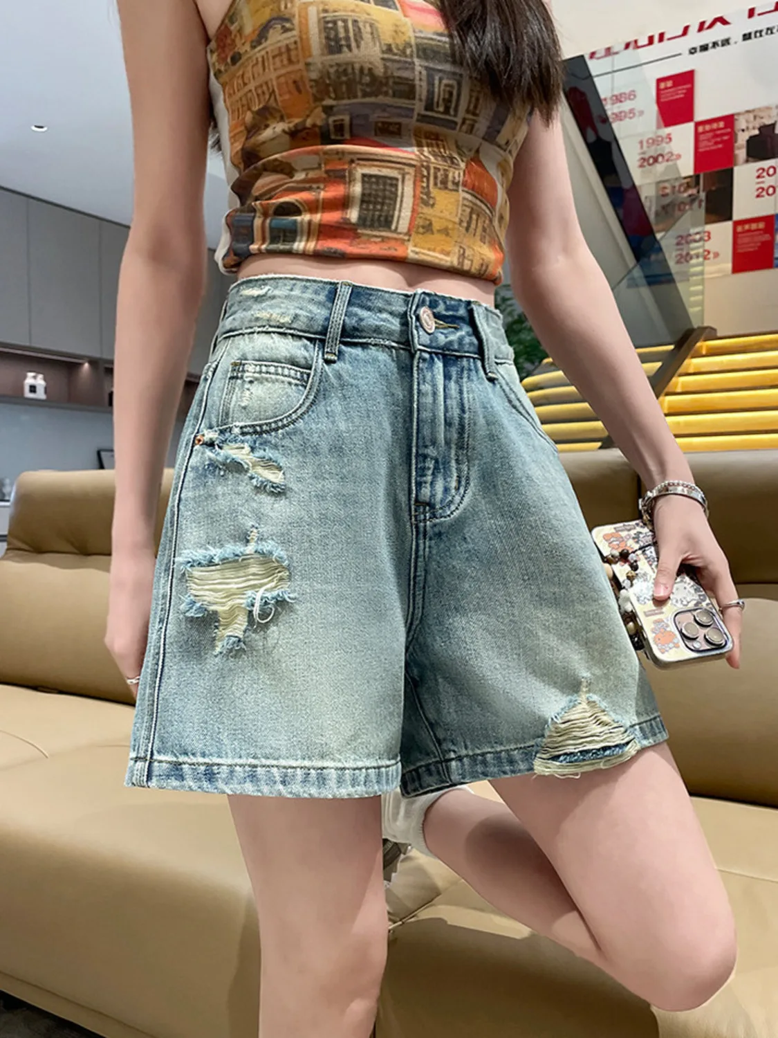 

Women's High Waist Ripped Denim Shorts Vintage Washed Distressed Frayed Hem Summer Y2K Streetwear 2026 Casual Loose Fit Jorts
