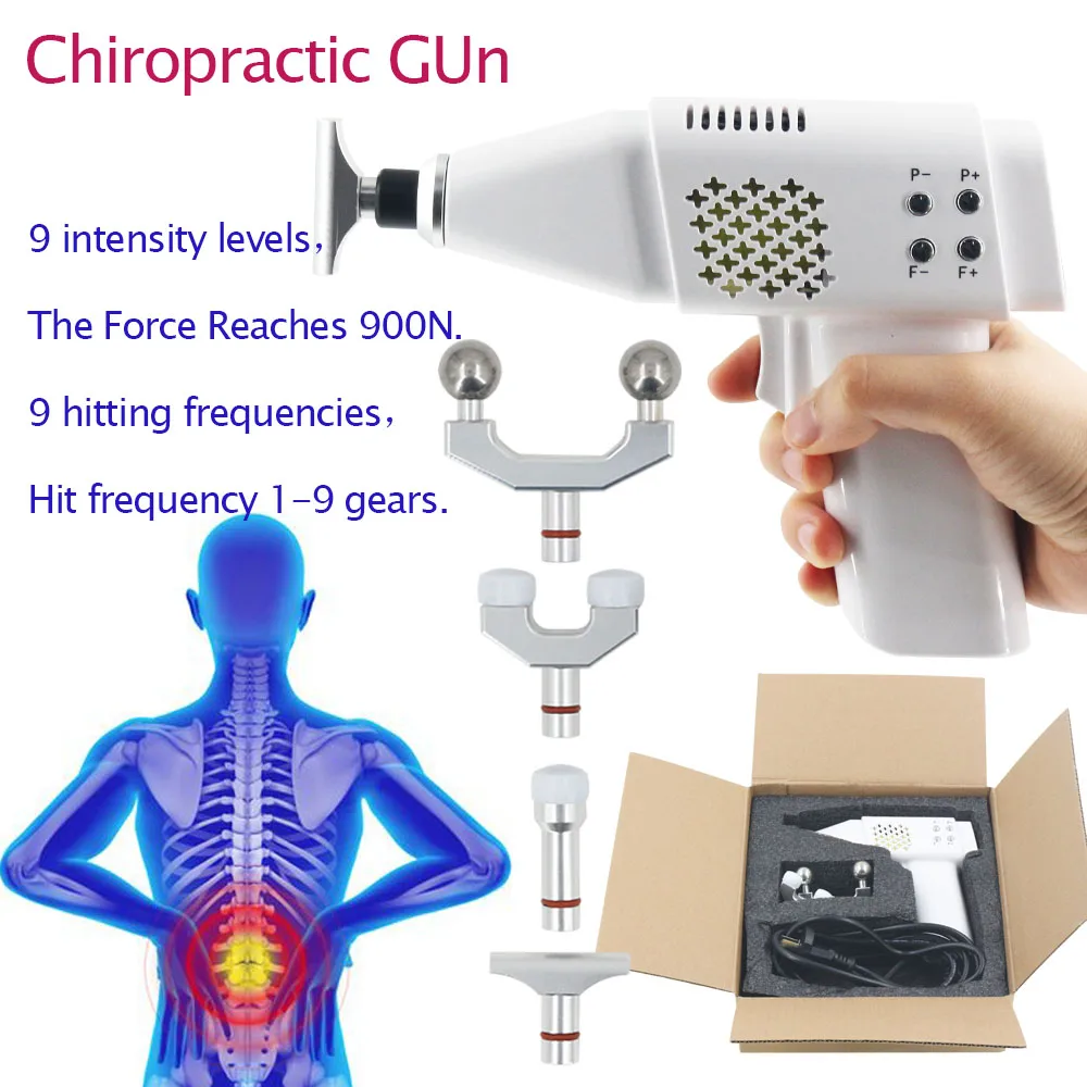 

Chiropractic Adjustment Tool 900N 9 Level Adjustable 4 Heads Body Massage Vertebration Correction Electric Chiropractic Gun Set
