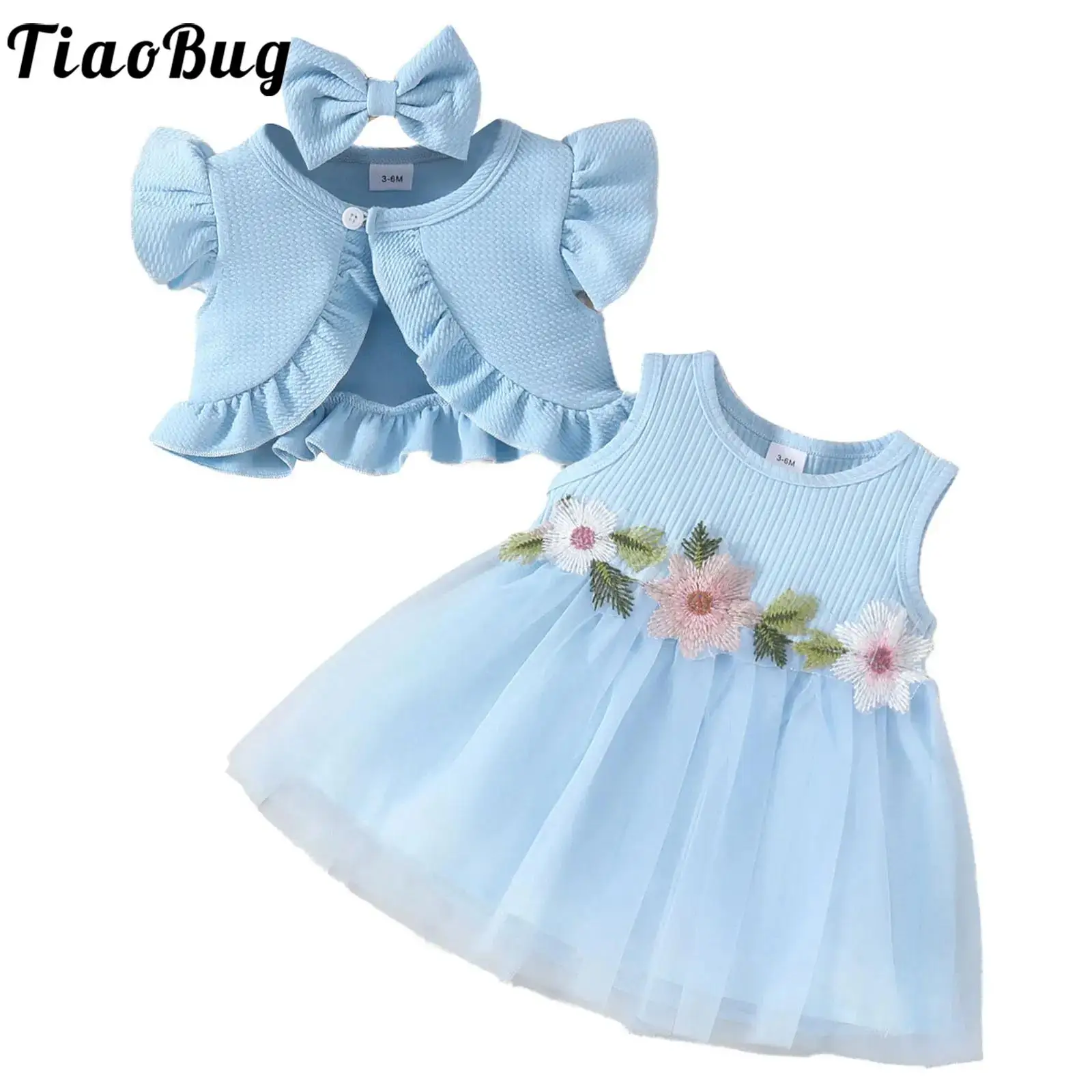 

3Pcs Toddler Baby Girls Clothes Sleeveless Flower Tulle Cami Dress with Ruffle Cardigan Bow Headband Birthday Party Wedding Set