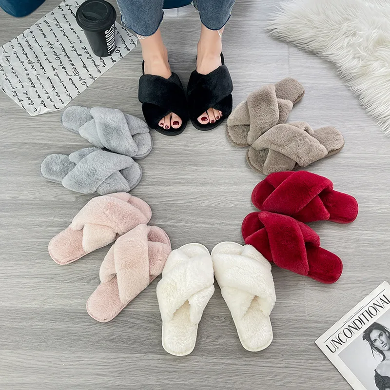 House Slippers Winter Women Faux Fur Fashion Warm Shoes Woman Slip on Flats Female Slides Black Pink cozy home furry slippers