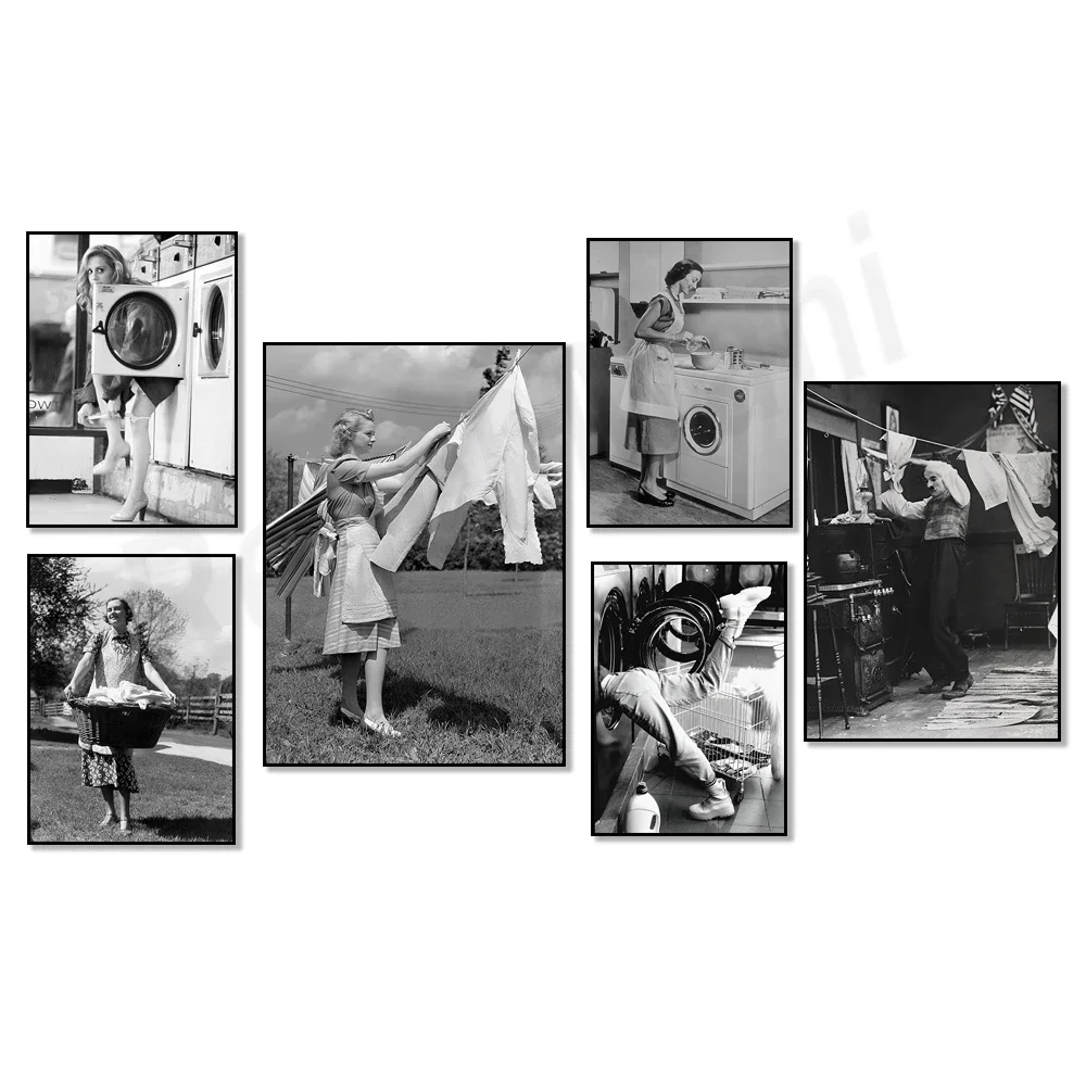 Laundry day black and white poster, laundry clothesline, Charlie Chaplin laundry day print, humor, laundry room decoration