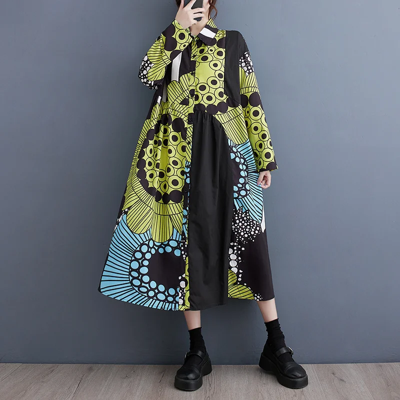 #4022 Green Yellow Printed Shirt Dress Split Joint Vintage Shirt Dress Women Turn-down Collar Retro Long Shirt Dress Autumn 2023