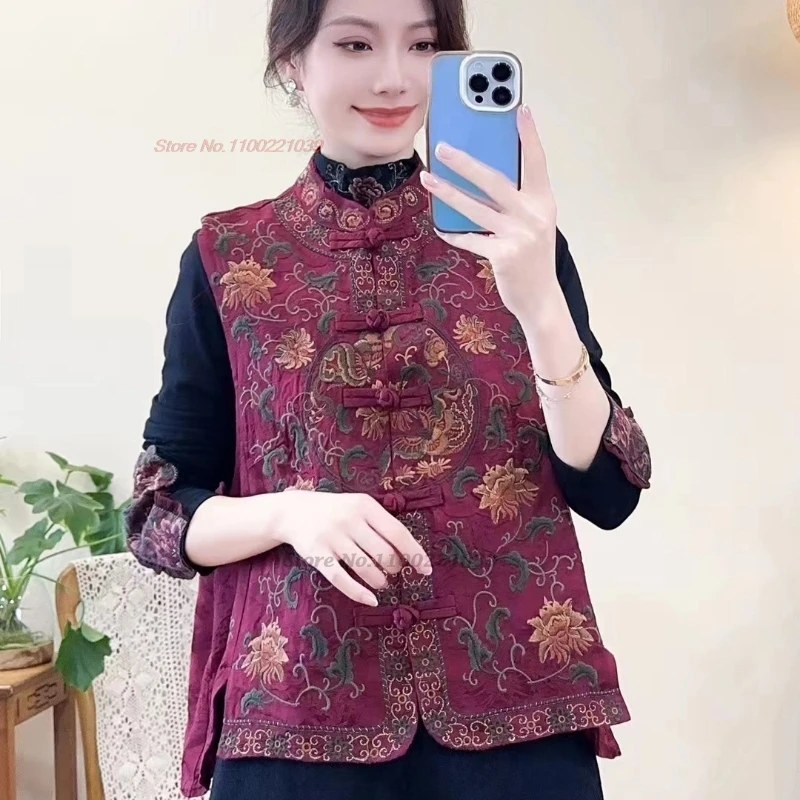 2025 chaleco popular con bordado de flores nacionales, chaleco jacquard satinado con cuello levantado oriental, chaqueta tradicional sin mangas, tops hanfu