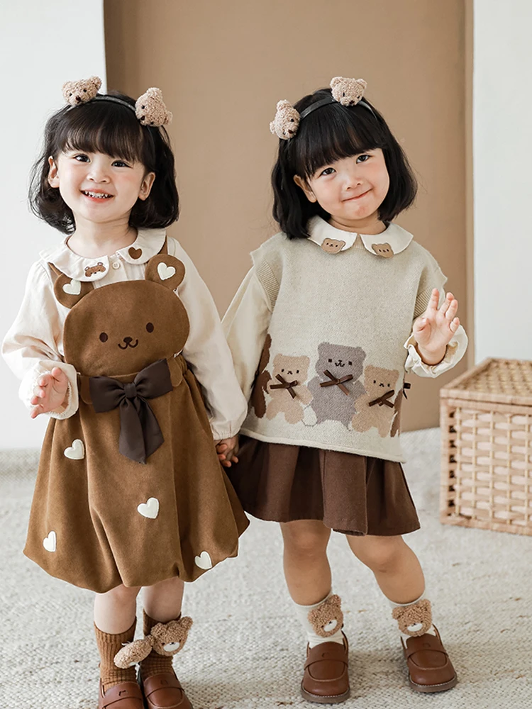 Girls Autumn Cartoon Suspender Skirt Three-Dimensional Bow Baby Cute Long Sleeve Shirt Children\'s Clothes