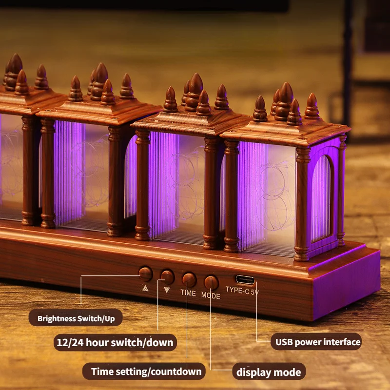 Cyberpunk Nixie Tube zegar lampki nocne RGB świecąca tuba zegar z drewnianym lampa stołowa LED cyfrowy budzik lampa z zegarem prezent do pokoju gier