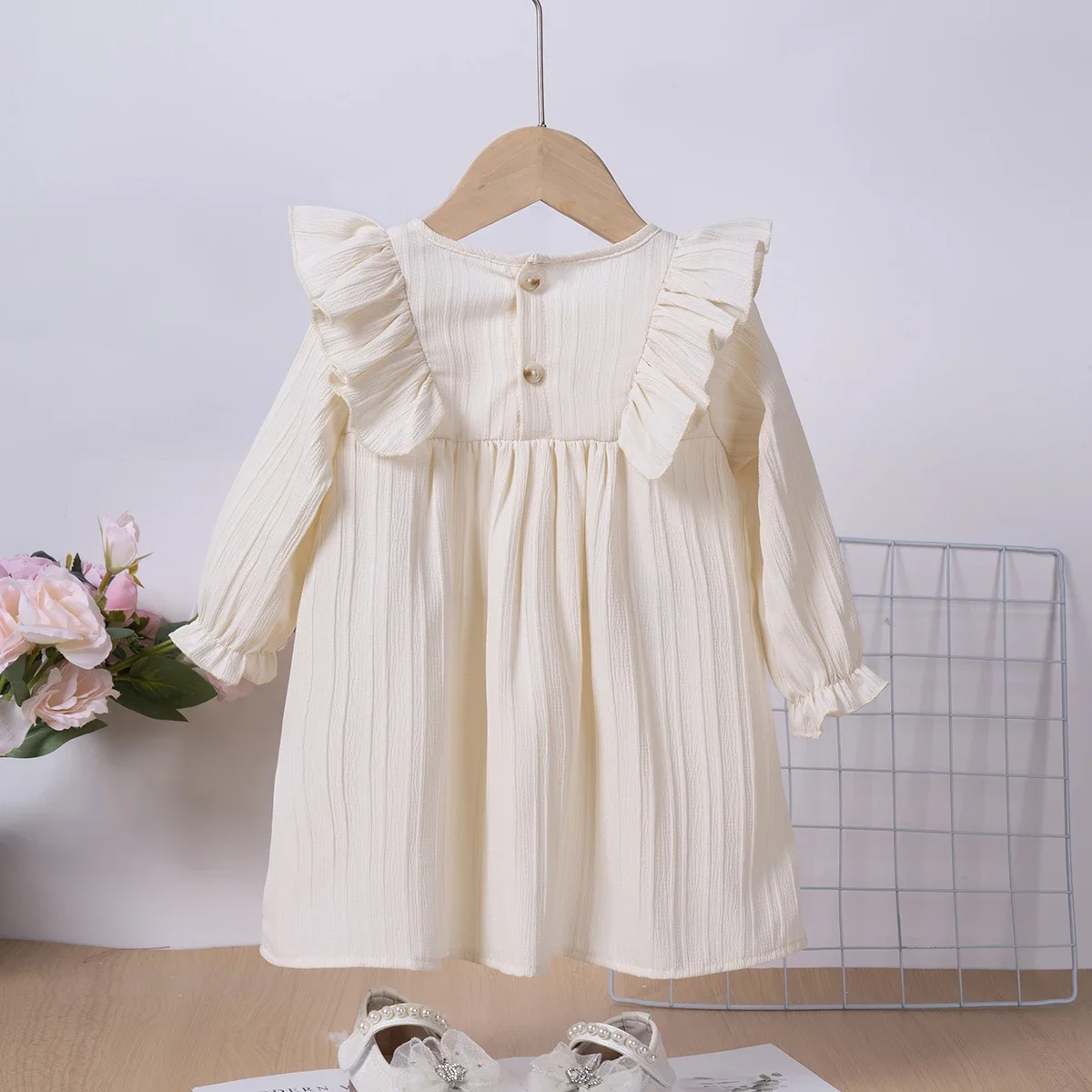 Baby Grace Girls Sweet Ruffle Trim Long Sleeve Dress, Holiday Going Out Casual Dresses, Gift Little Girl Dress Clothes