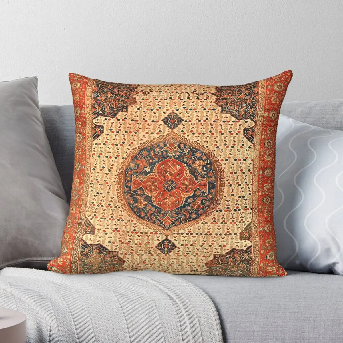 Ushak Antique Turkish Carpet Square Pillowcase Polyester Linen Velvet Pattern Zip Decor Room Cushion Cover