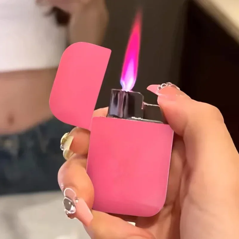 Ultra Thin Metal Inflatable Pink Flame Lighter Windproof Spray Butane Portable High Firepower Lighter for Women Smoking Gift