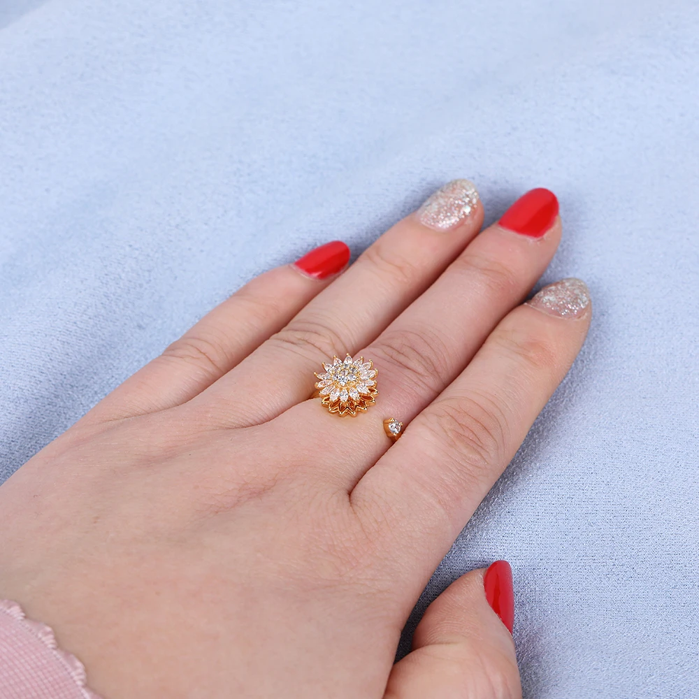 Anillos Antiestrés de Girasol con Zirconia Ajustables y Giratorios, Diseño de Flor de Margarita y Planeta, Joyería Chic de Moda 2026