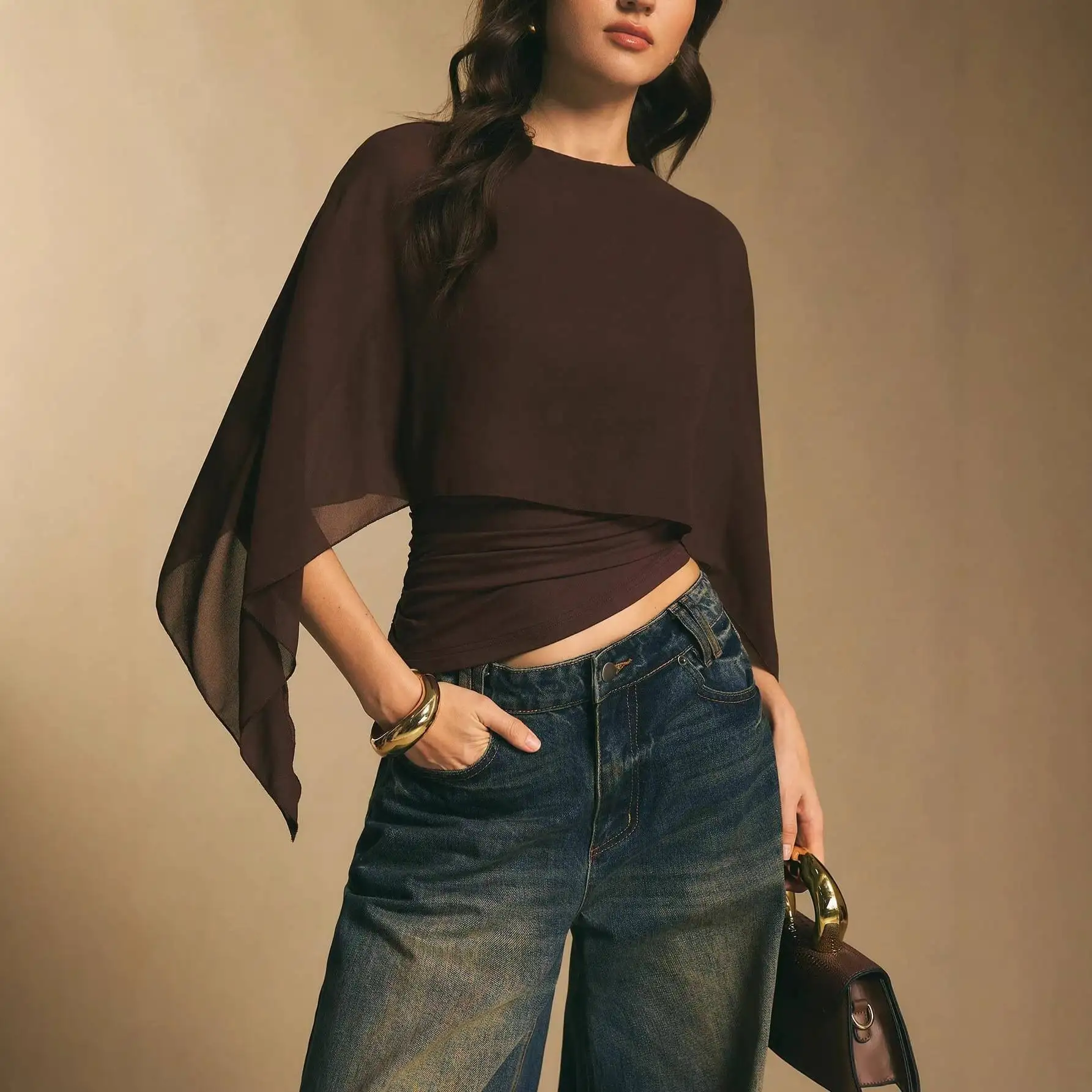 Women's Casual Loose T-shirt Cowl Sleeve round Neck Irregular Top Chinese Style Mid-Length Batwing Sleeve Summer Fashion