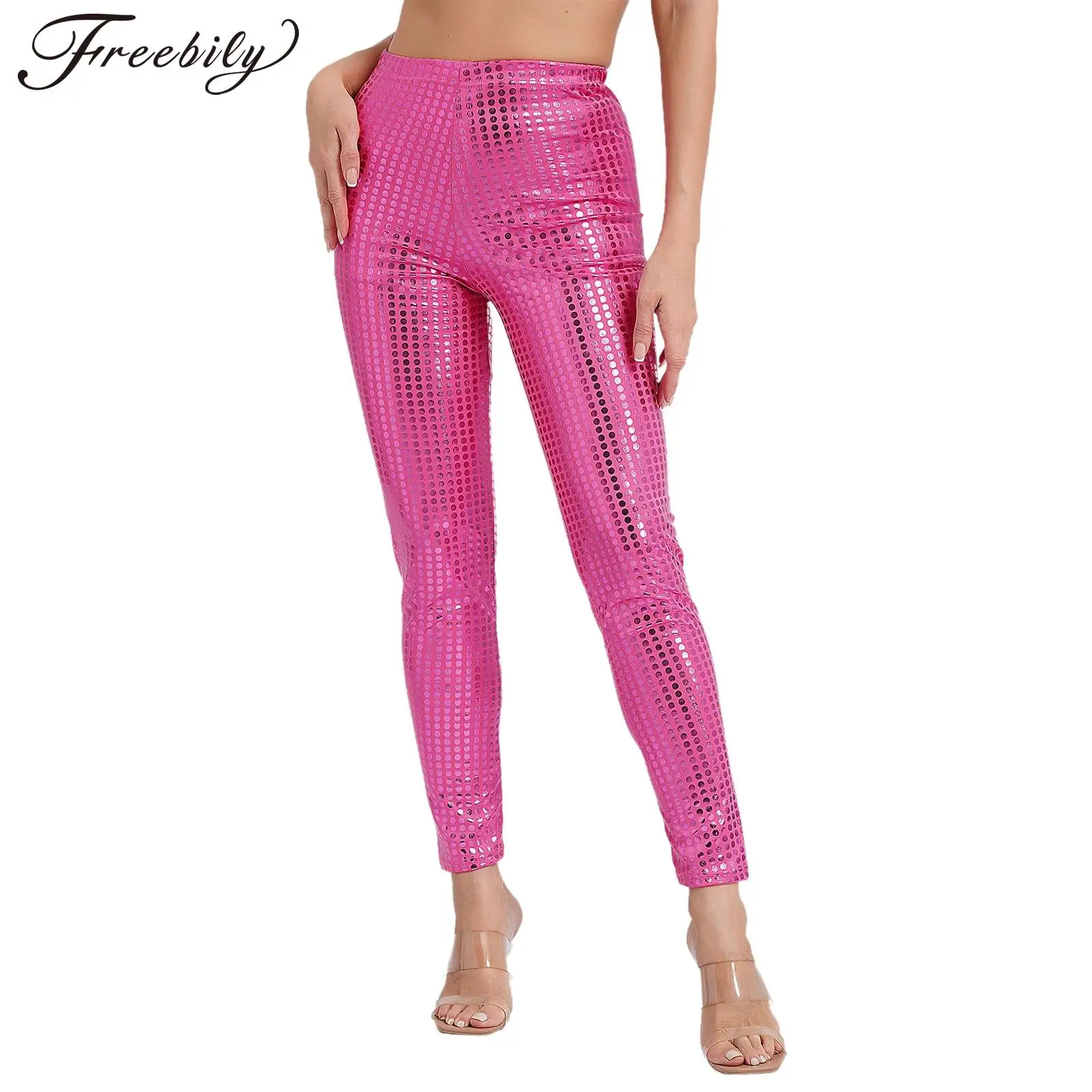 Women Shiny Dots Sequin Dance Leggings Skinny Pants Trousers for Jazz Pole Dancing Show Nightclub Raves Party Music Festival