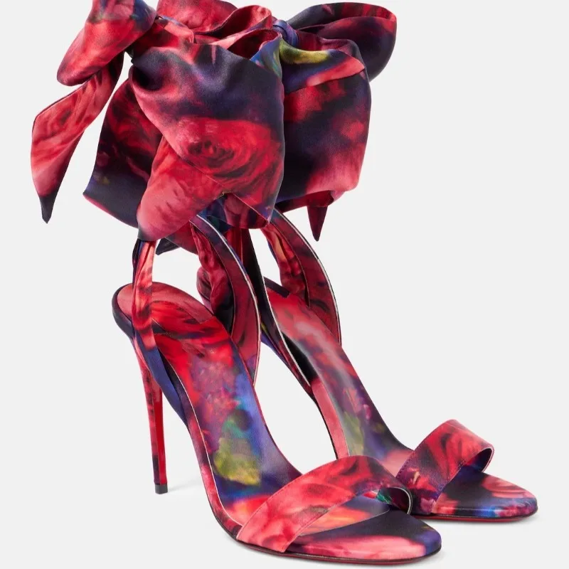 

European AndAmerican Nichehigh-heeled Roundtoe Satincross Tieopentoe PlusRoman Sandalsfor Women's Sexyleopard Printbanquet Shoes