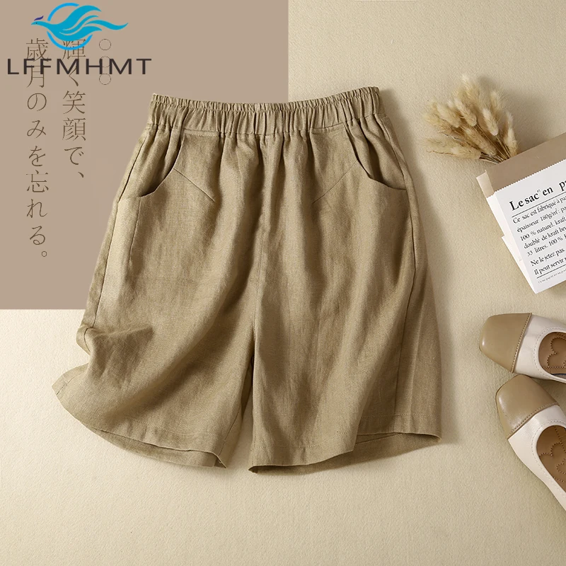 Cotton Linen Shorts for Women Summer Fashion Elastic Waist Solid Color Simple Loose Casual Thin Comfortable Half Length Pants