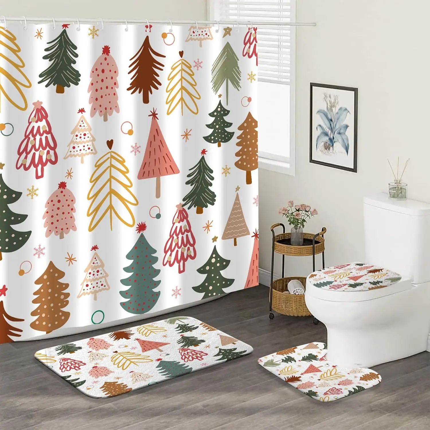 

4PCS Merry Christmas Shower Curtain Set, with Non-Slip Rugs, Toilet Lid Cover and Bath Mat Autumn Harvest Thanksgiving Bathroom