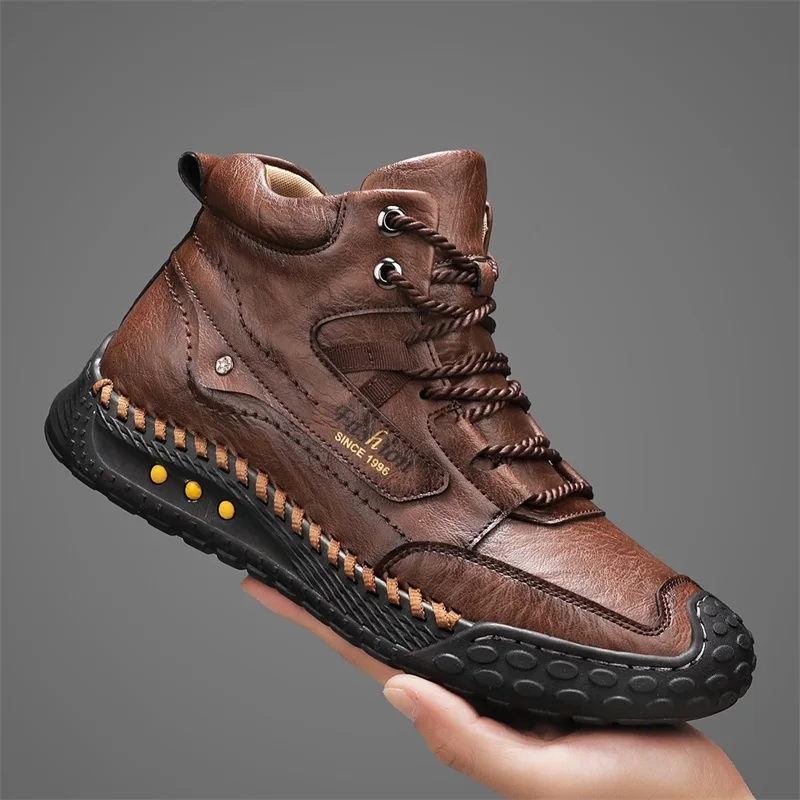 Men's Hand-Stitched Fashion Boots, Retro Lace-Up Mid-High Casual Shoes, Suitable for Spring and Autumn Daily Wear, Outdoor Hiking Boots, Comfortable Large-Size Men's Shoes image 2