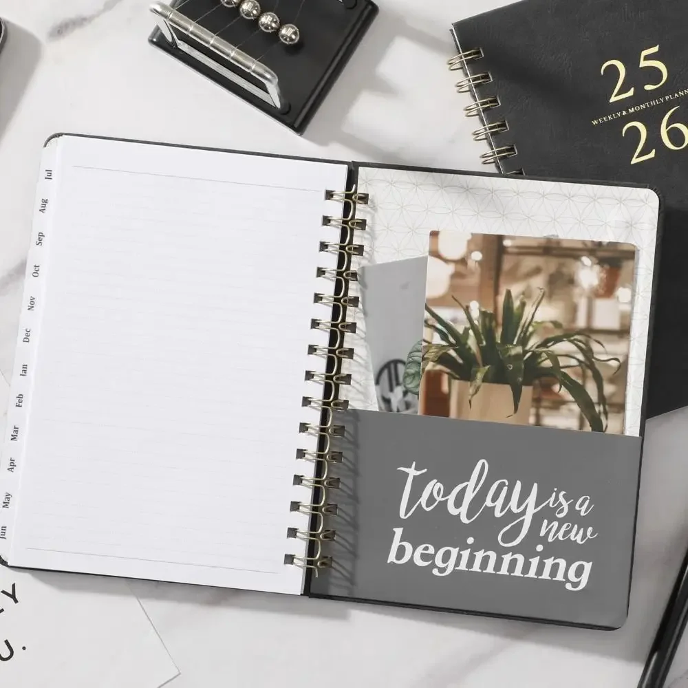 A5 2025-2026 مخطط أسبوعي وشهري دوامة ملزمة بولي أغطية أغطية جلد جيب داخلي جداول يومية دفتر التقويم مع علامات التبويب