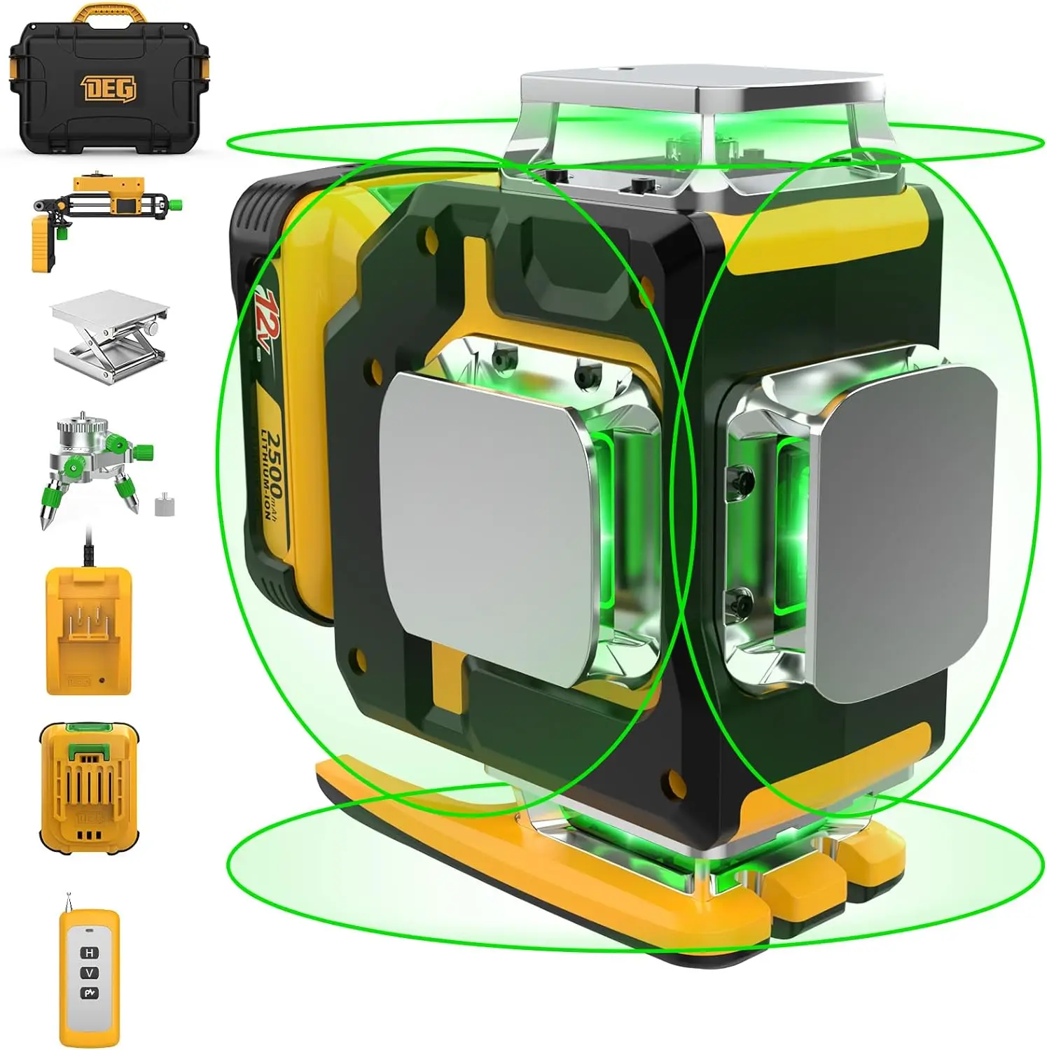 

Laser Level 360 Self Leveling,DEGLASERS 4x360 Green Laser Level with 12V Rechargeable Battery(40 Hrs),Remote Control