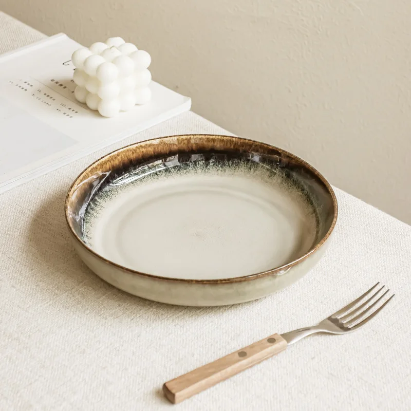 

Vintage Glaze Ceramic Deep Plate Large Dinner Plate Thick Round Pasta Steak Dish Home Use
