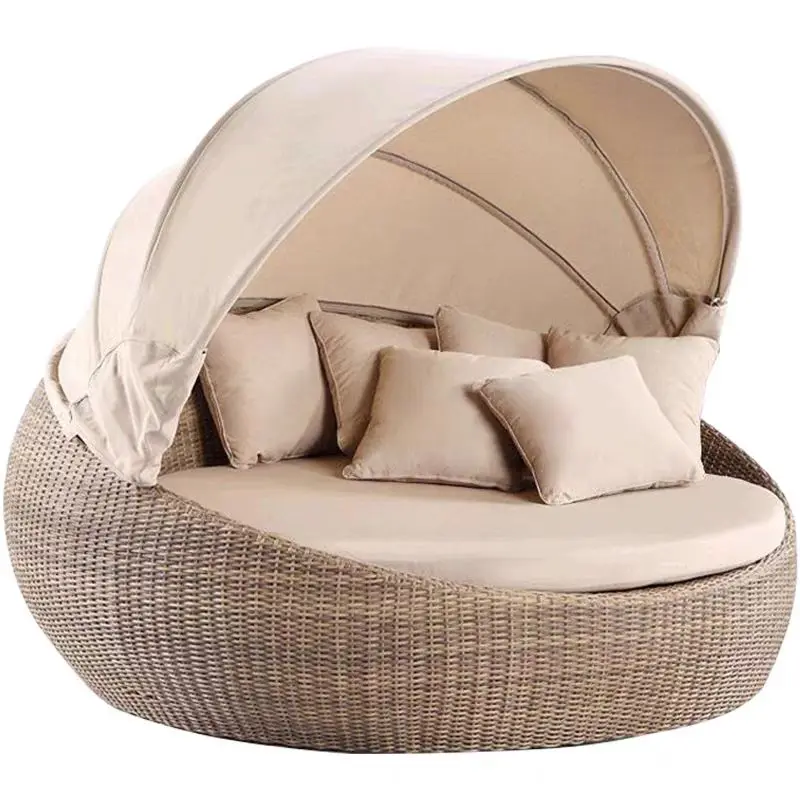 

Modern Luxury Outdoor Sun Lounger Wicker Rattan Round Daybed With Canopy For Patio Furniture Or Hotels/ Parks
