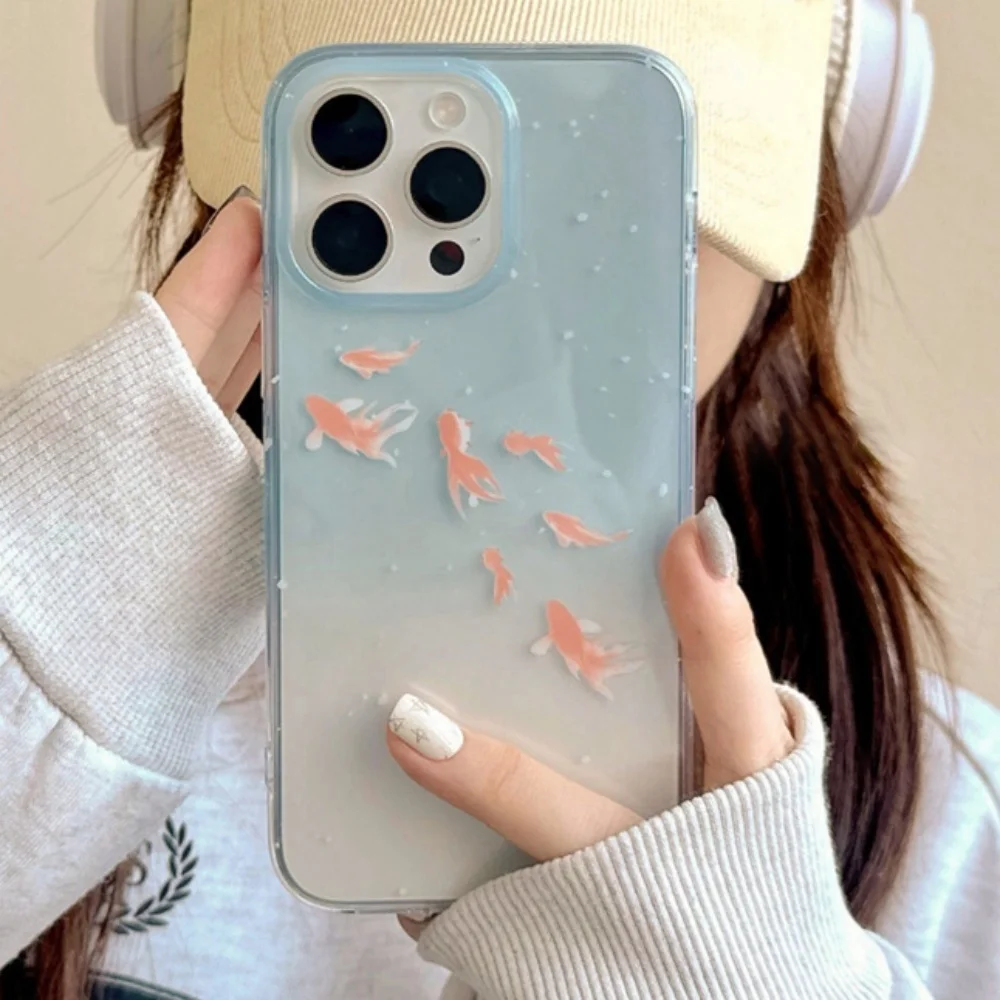 INS Blue Gradient Goldfish Clear Soft Phone Case For iPhone 16 15 14 13 12 Pro Max Fashion Cute Shockproof Soft Back Cover Girl