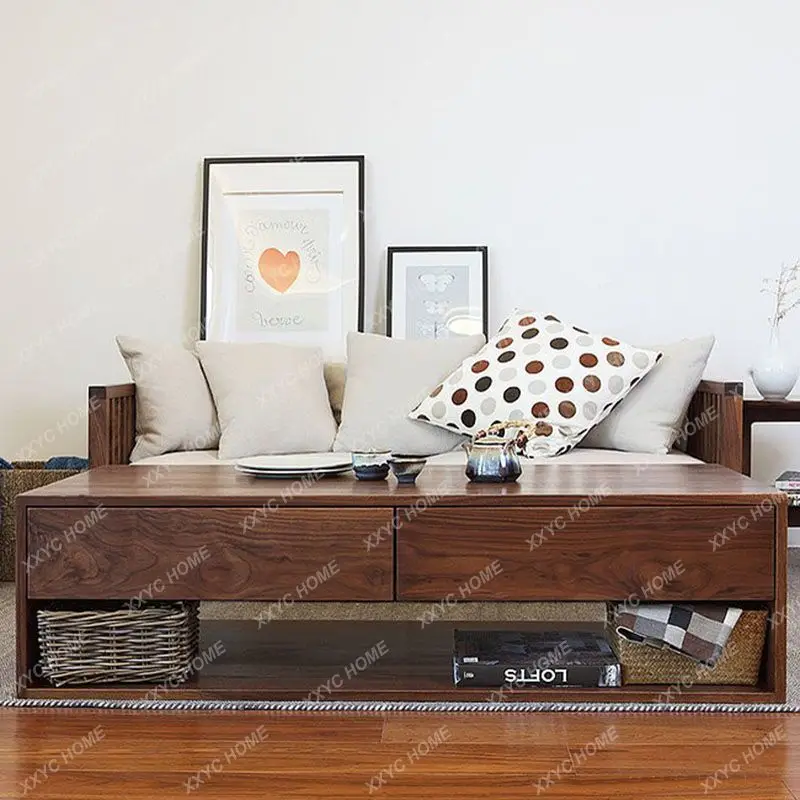 XX solid wood coffee table, simple small apartment living room furniture Japanese black, tea table TV cabinet combination