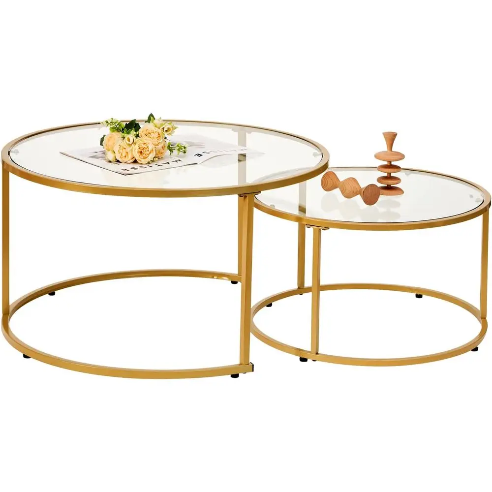

Round Tempered Glass Coffee Table Set, Adjustable Height, Space-Saving Design for Living and Bedroom (Large Size + Gold)