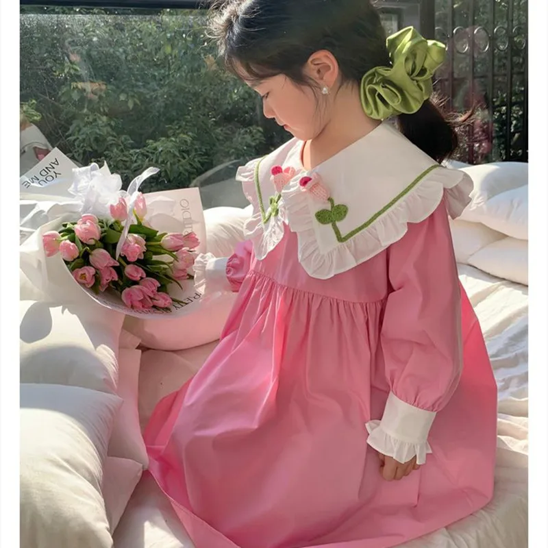 Teenage Girls Dress 2024 Spring New Children\'s Ruffle Doll Neck Princess Dress Girls\' Baby Korean Cotton Long Sleeve Dress