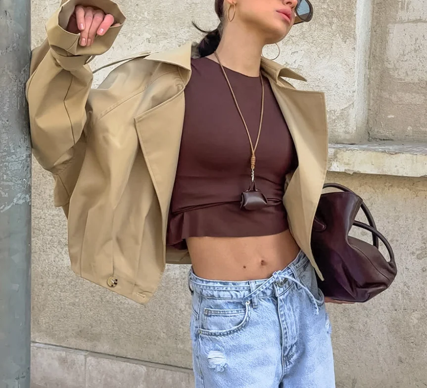 

Autumn Trendy Khaki Double Breasted Suit Collar Windbreaker Jacket, Women's Fashion High Street Loose Windbreaker Short Jacket