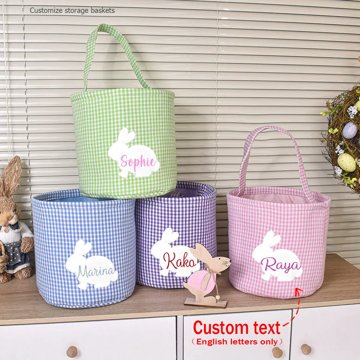 

Пасхальная корзина для хранения с персонализированным клетчатым узором, корзина для хранения с ручкой и вышивкой на заказ, подарочная корзина