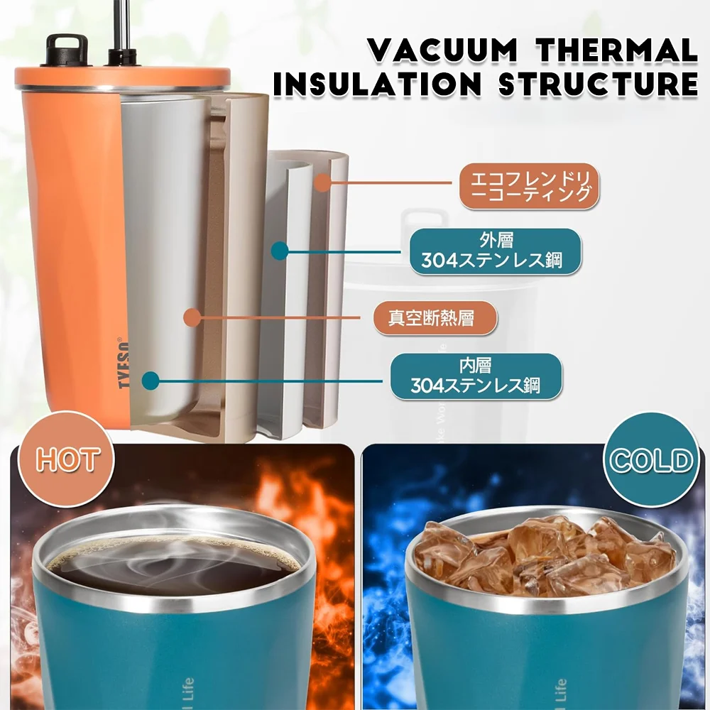 TYESO Vacuum Thermos Cup Tumbler Thermal Insulation Insulated Coffee Mug with Lid and Straw Stainless Steel for Hot Cold Drinks