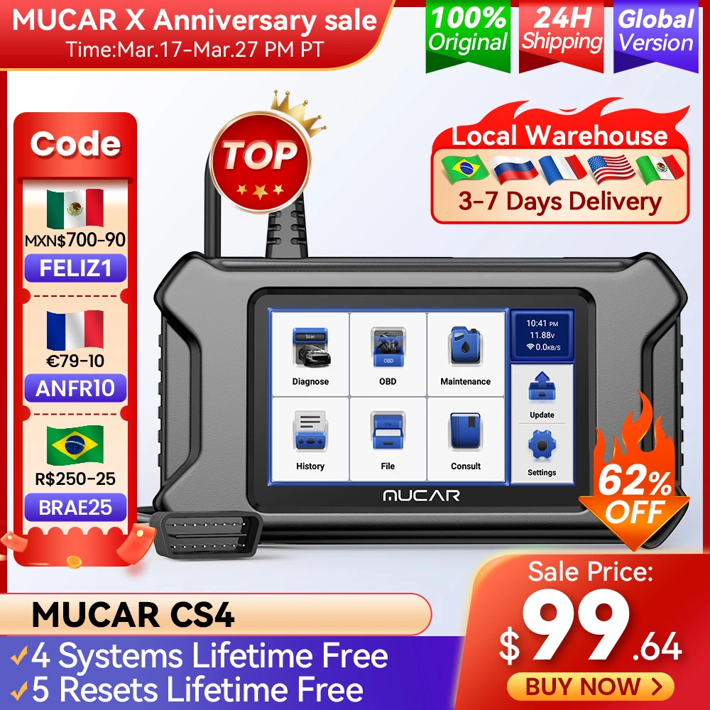 

MUCAR CS4 OBD2 Scanner Car Diagnostic Tools Automotivo OBD Scanner Auto Diagnosis Tool Code Reader 4 Systems 5 Resets Free