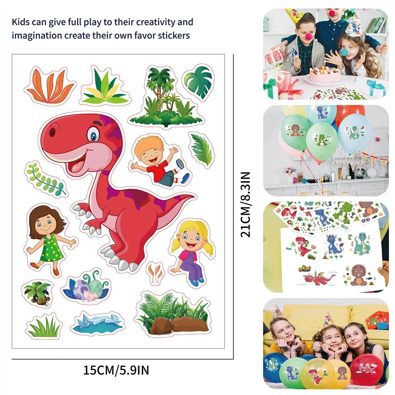 6-24sheets Reusable Dinosaur Stickers Make A Dinosaur Face Stickers for Kids Birthday Party Decorations Children DIY Puzzle Toys