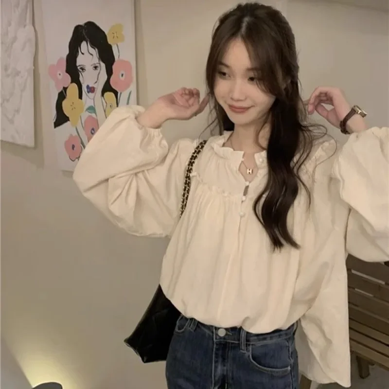 بلوزات نسائية أنيقة هاراجوكو بمزاج بسيط عتيق للربيع رائجة البيع بلوزات فضفاضة تناسب كل مباراة أساسية متينة بأكمام طويلة أنيقة