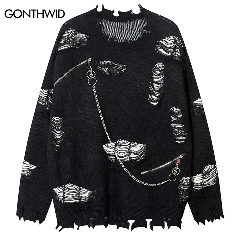 

Vintage Oversized Sweater Y2K Grunge Knitted Ripped Hole Sweaters with Chain Hip Hop Punk Gothic Loose Zipper Jumpers Streetwear