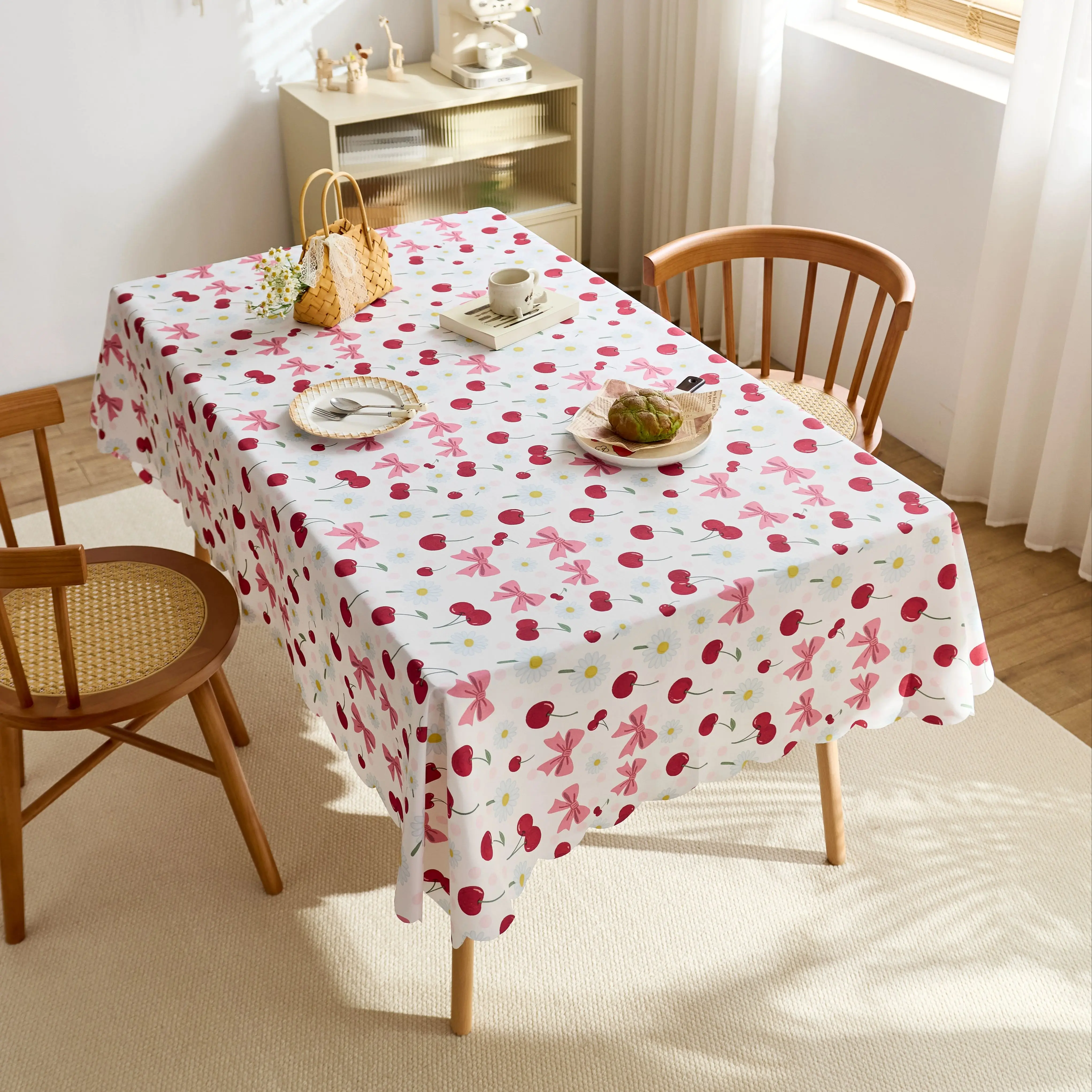 Pink Cherry Print Tablecloth Waterproof Oil-Proof Rectangle Table Cover Cute Bow Pattern Dining Table Protect for Kitchen Party