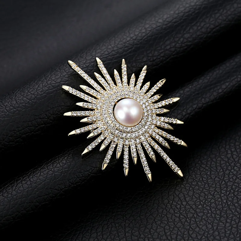 Sparking Sunflower Pearl Brooches Female Full Rhinestone Brooch Suit Sweater Luxury Clothing Lapel Pin Accessories Jewelry Gifts