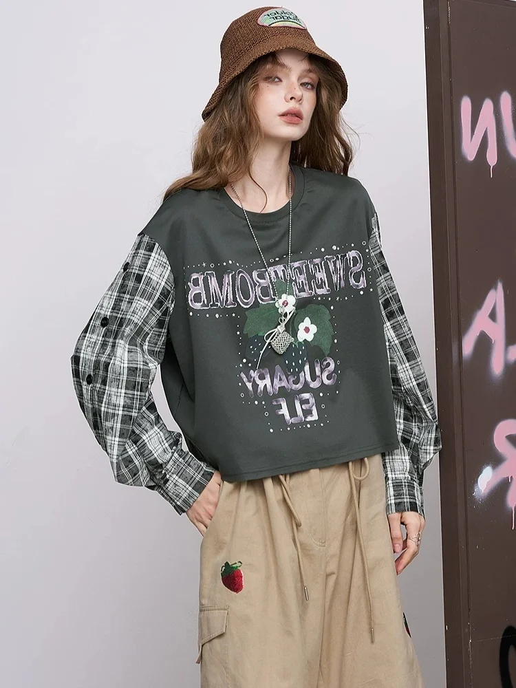 

Водяная клетчатая футболка с буквенным принтом, длинная футболка Све, женская дизайнерская весна-осень, новинка Sle Fairy 2025, свободная посадка...