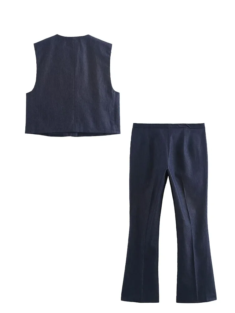 HH TRAF-conjunto azul marino con cuello redondo para mujer, chaleco sin mangas de una sola botonadura y pantalones de cintura media con cremallera, traje de moda para otoño, 2024