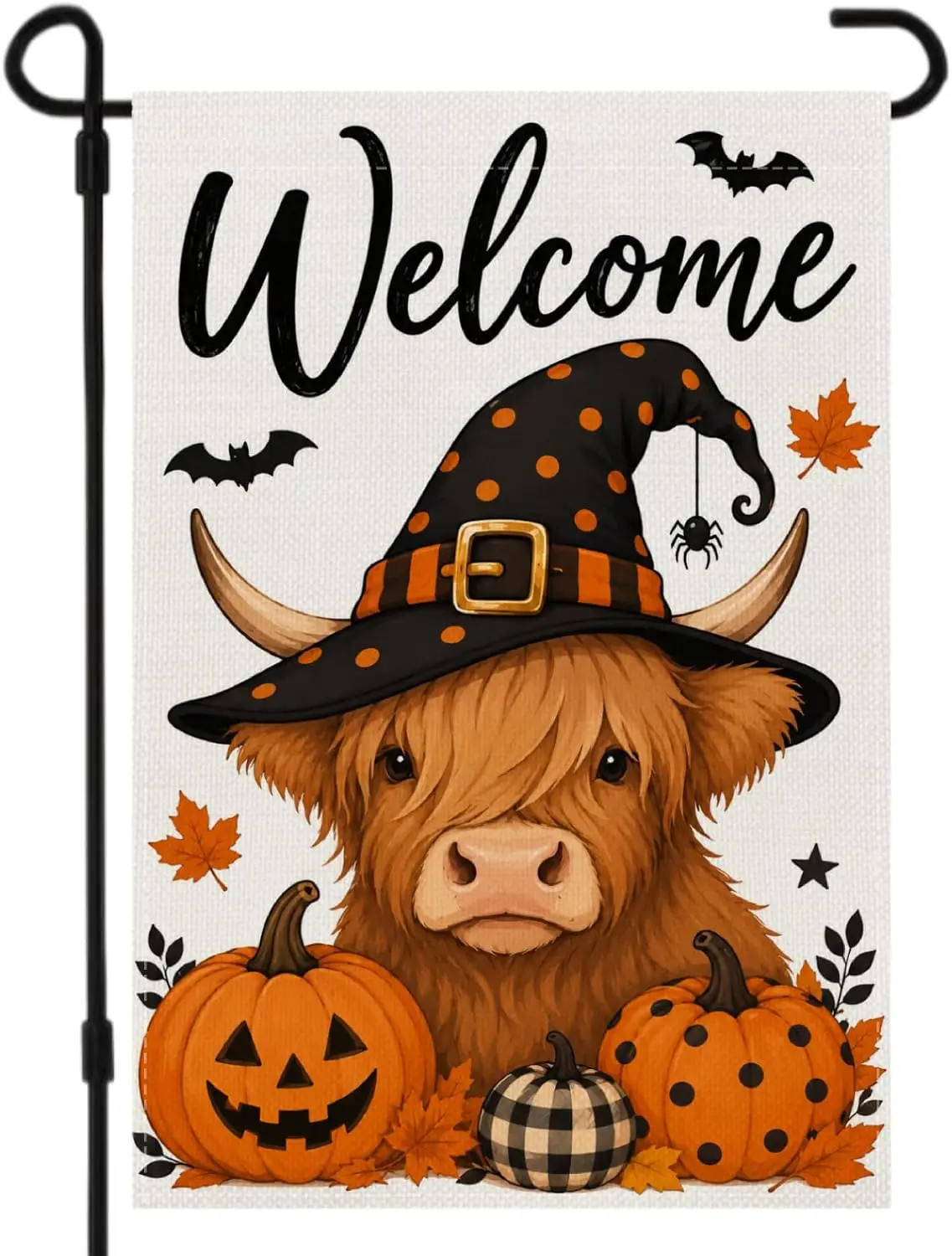 Halloween Highland Cow Garden Flag Double Sided 12x18 Inch - Witch Hat Autumn Yard Flags for Outside - Farmhouse Pumpkin Out llp