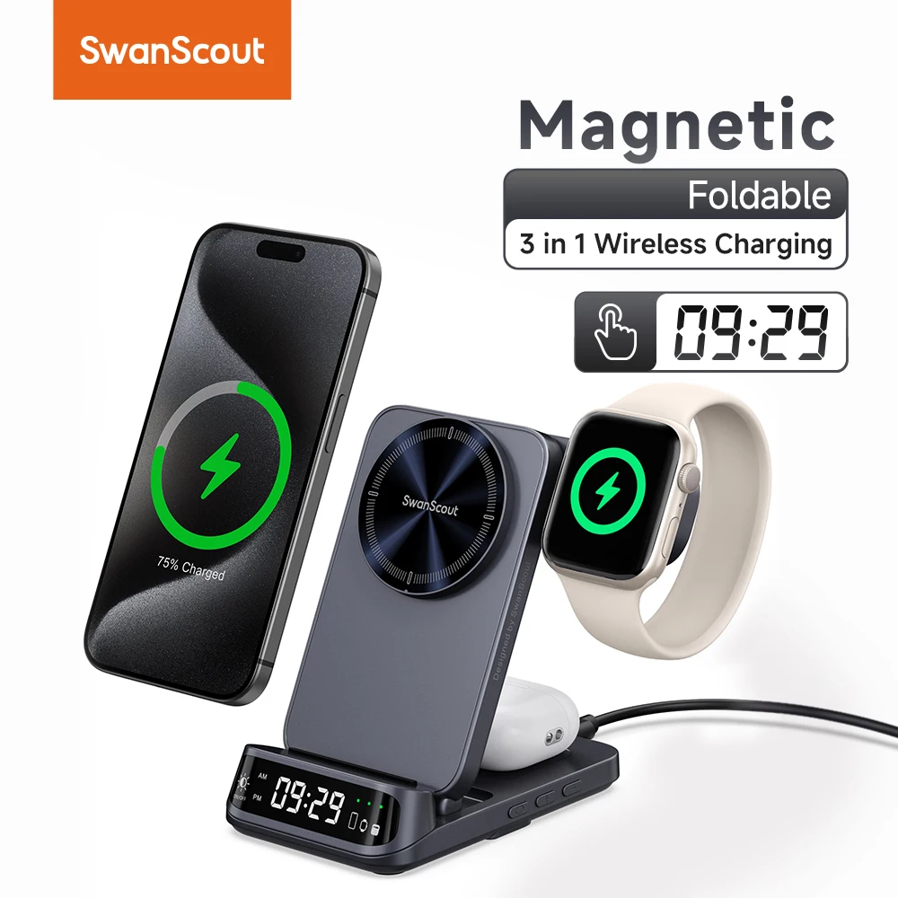 SwanScout 708M Wireless Charger for iPhone 15 14 13 12 Magnetic Charging Station for Apple Watch Ultra 2 10 9 8 For Airpods 4 3