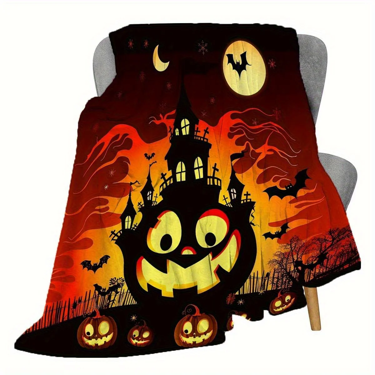 Halloween Themed Flannel Throw Blanket - Digital Print Pumpkin and Bat Design, Contemporary Style, Soft and Comfortable