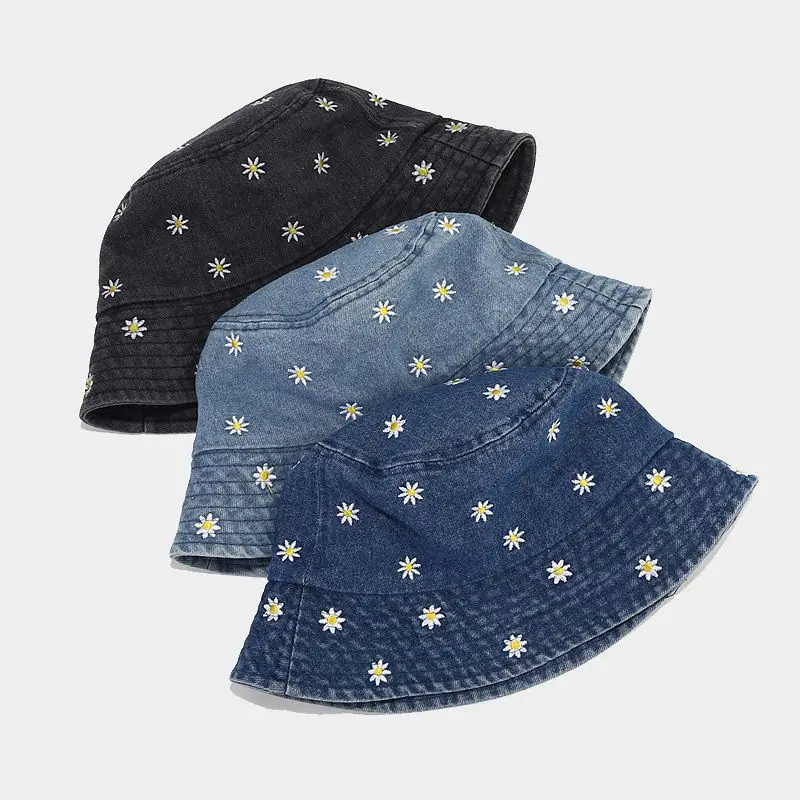 2023 Four Seasons Denim Flower Embroidery Bucket Hat Fisherman Hat Outdoor Travel Sun Cap for Men and Women 181