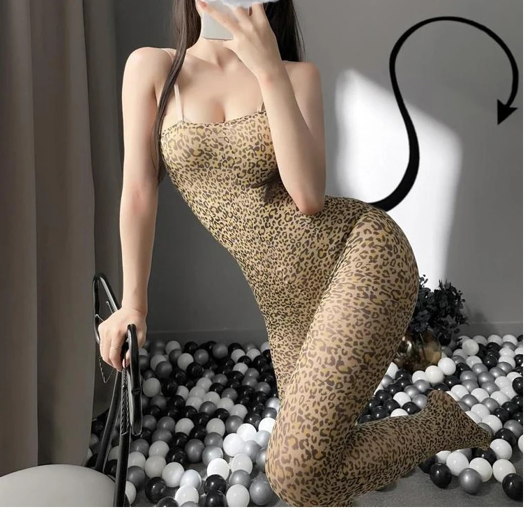 Sexy Woman Jumpsuit Women Hot Leopard Sexy Long Sleeve Halter Bodysuit Lady Sex Costumes Fashion Style Asymmetrical Clothes