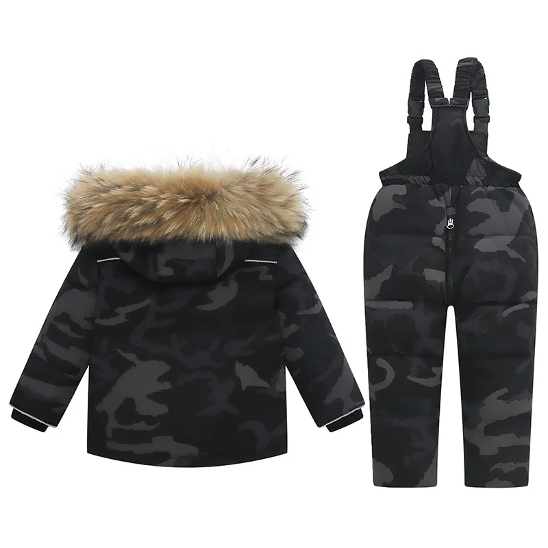 -30 Degree Russian Winter Children Boys Camouflage Down Jacket Waterproof Real Fur Girl Overalls 1-5 Years Kids Boy Snowsuit Set