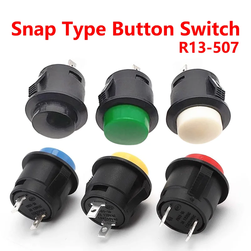 

5/20PCS R13-507 Snap on Button Inching Switch 16MM Round Lockless Self Reset Switch Panel Mounting 3A125V/1.5A250VAC