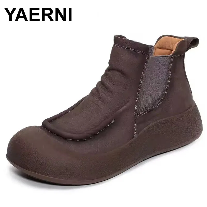 

Женские ботильоны ручной работы из натуральной коровьей кожи в стиле ретро, осенне-зимние короткие ботинки без шнуровки на плоской массивной платформе