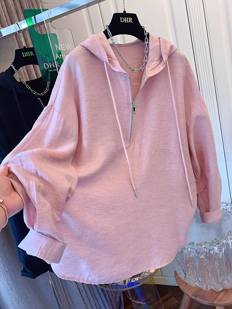 

plus Size 300 Pounds Good Looking Personality Half Zipper Hooded Shirt Women's Spring Summer New Korean Loose Shirt