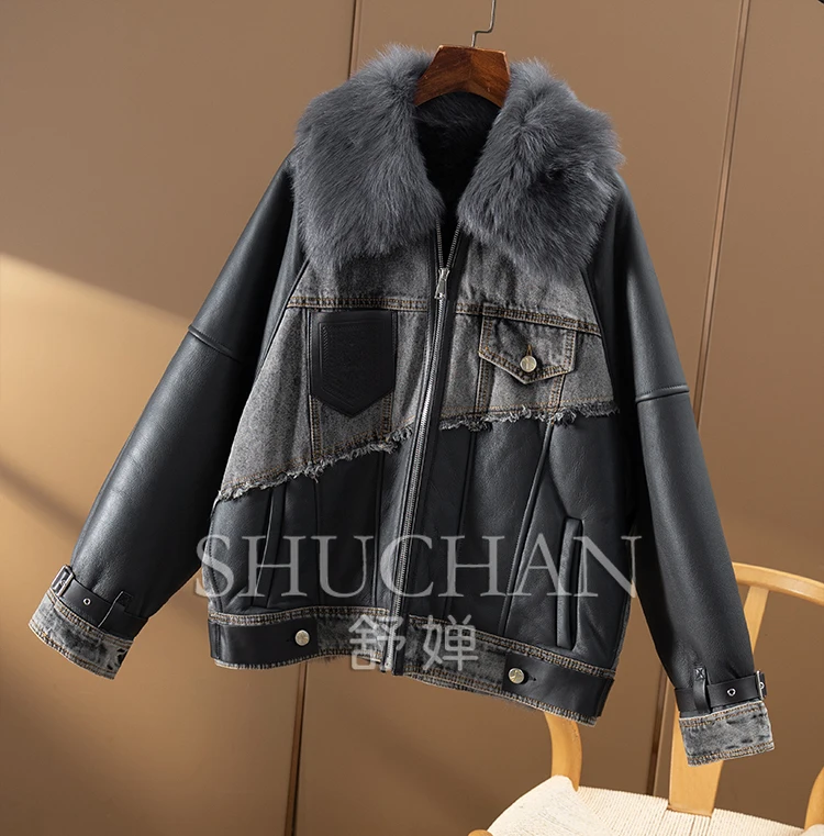 Italy Tuscany Sheepskin Patchwork Denim Leather Jacket 90 Down Jacket Women Casacos Femininos Inverno 2024