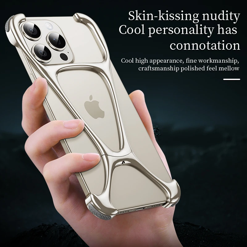 Zinc Alloy Phone Case For iPhone 14 13 15 Pro Max Rimless Hollow Heat Dissipation Shell Shockproof Bumper Metal Anti-fall Cover